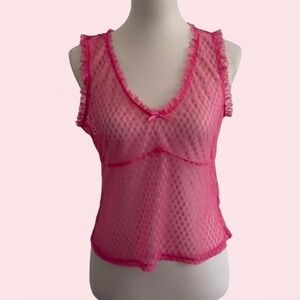 Y2K Shoe Dazzle Pink Sheer Lace Bow Cami Top — Size L